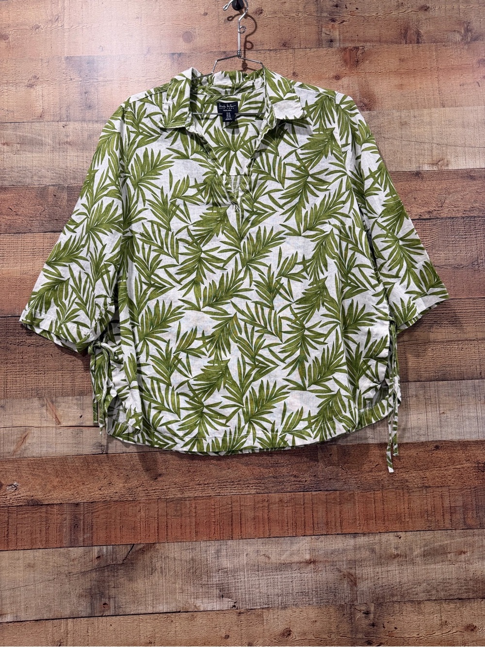 Nicole Miller Green Palm-Print Linen V-Neck Tunic Size 1X